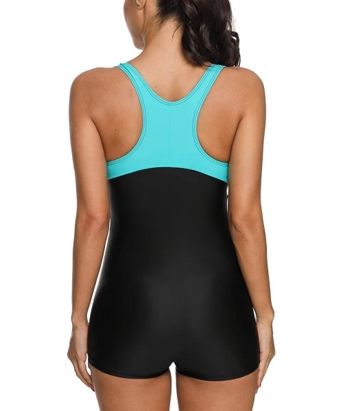 One-Pieces Womens Boyleg One Piece Swimsuit Athletic Swimwear Lap Bathing Suit - Black/Aqua - CA18R3TT3RK