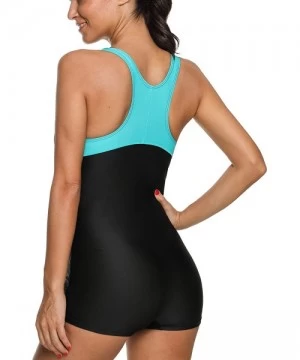 One-Pieces Womens Boyleg One Piece Swimsuit Athletic Swimwear Lap Bathing Suit - Black/Aqua - CA18R3TT3RK