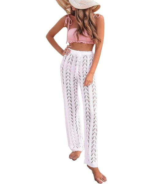 Bottoms Women's Sexy Hollow Out Crochet Mesh Bikini Beach Long Pants High Waist Swimsuit Bottom Trousers - White - CX194ZAY6GU