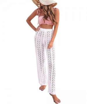 Bottoms Women's Sexy Hollow Out Crochet Mesh Bikini Beach Long Pants High Waist Swimsuit Bottom Trousers - White - CX194ZAY6GU