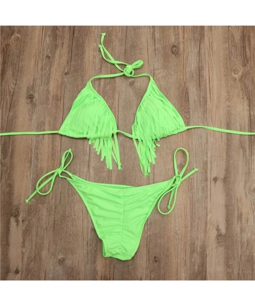 Sets Bikini Swimsuit for Sexy Women V Neck Tassel Push Up Comfortable Solid Color Removable Carnival Classic Fit Green - CZ18...