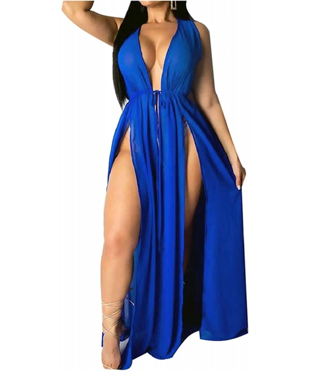 Cover-Ups Women Beach Bikini Cover Up Boho Party Clothes Long Dress Summer - Blue - CA19CA6X3NS