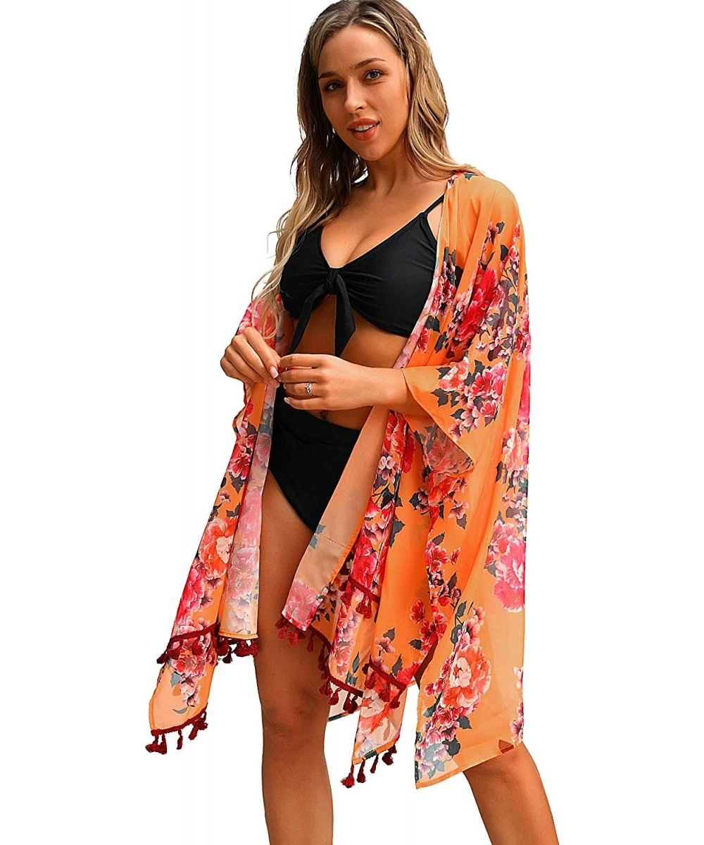 Cover-Ups Womens Floral Cover Up Tassel Chiffon Sheer Kimono Flowy Open Front Swimsuit - Orange Floral Print - C7194CK7L8U