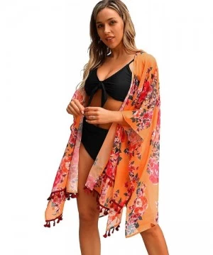 Cover-Ups Womens Floral Cover Up Tassel Chiffon Sheer Kimono Flowy Open Front Swimsuit - Orange Floral Print - C7194CK7L8U