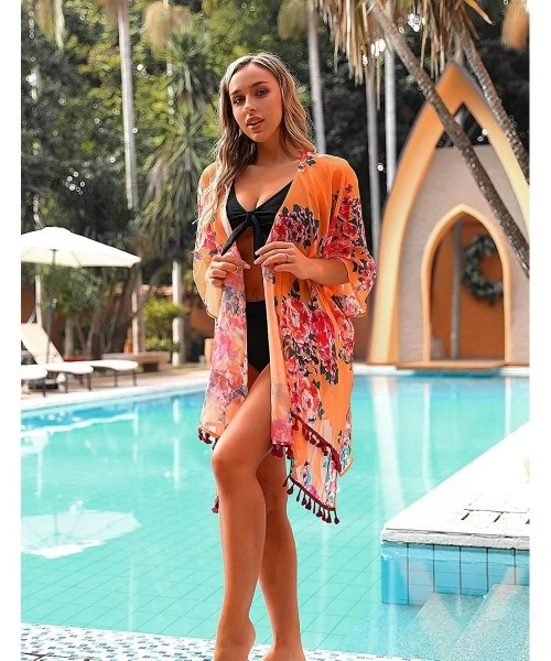 Cover-Ups Womens Floral Cover Up Tassel Chiffon Sheer Kimono Flowy Open Front Swimsuit - Orange Floral Print - C7194CK7L8U