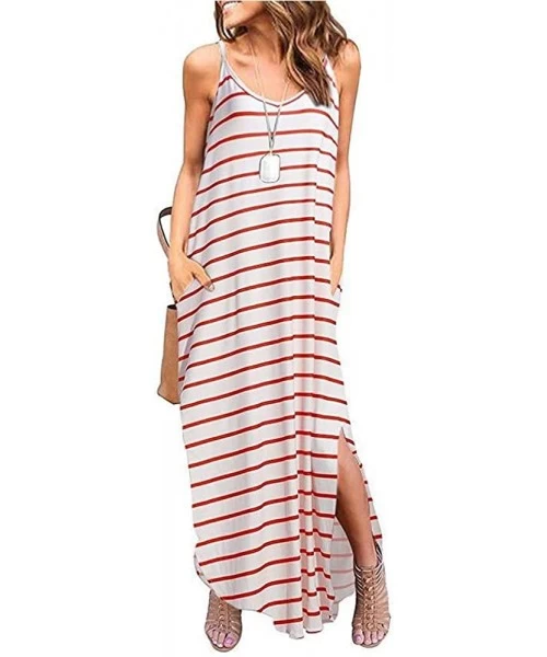 Cover-Ups Women's Summer Casual Loose Pocket Long Beach Cover Up Dress Sleeveless Strappy Split Maxi Dresses - Red Stripe - C...