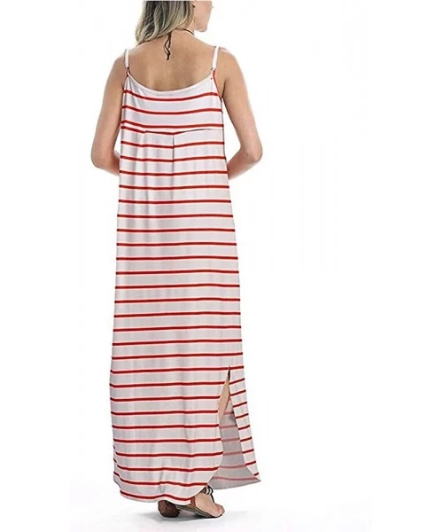 Cover-Ups Women's Summer Casual Loose Pocket Long Beach Cover Up Dress Sleeveless Strappy Split Maxi Dresses - Red Stripe - C...