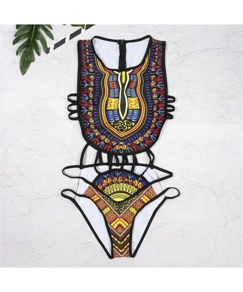 One-Pieces Women's One Piece African Print Cut Out Sexy High Waisted Swimsuit Bathing Suit - Black - CV189ZOAIXN