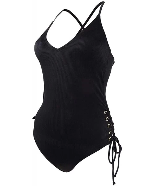 One-Pieces Juniors' Ribbed Cross-Back Side-Lace One-Piece Swimsuit in Black - Black - C41955IS85D