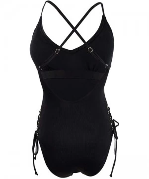 One-Pieces Juniors' Ribbed Cross-Back Side-Lace One-Piece Swimsuit in Black - Black - C41955IS85D