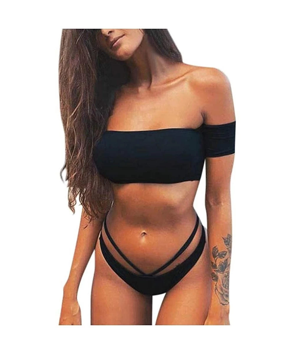 Sets Women's 2 Pieces Removable Pad High Cut Bandeau Bikini Set Swimsuit Off Shoulder High Waist Beach Swimwear Black B - CF1...