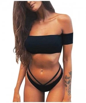 Sets Women's 2 Pieces Removable Pad High Cut Bandeau Bikini Set Swimsuit Off Shoulder High Waist Beach Swimwear Black B - CF1...