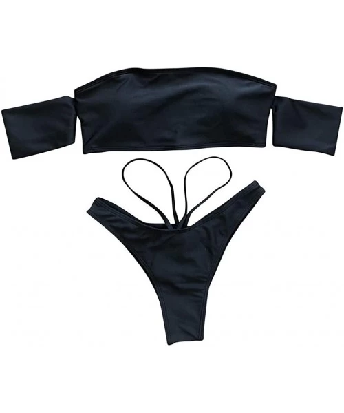 Sets Women's 2 Pieces Removable Pad High Cut Bandeau Bikini Set Swimsuit Off Shoulder High Waist Beach Swimwear Black B - CF1...