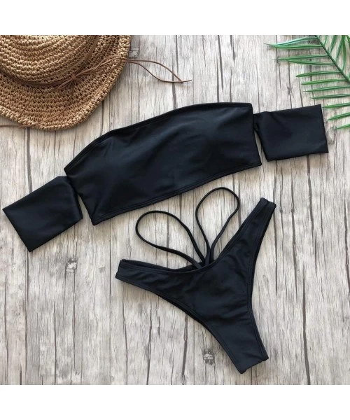 Sets Women's 2 Pieces Removable Pad High Cut Bandeau Bikini Set Swimsuit Off Shoulder High Waist Beach Swimwear Black B - CF1...