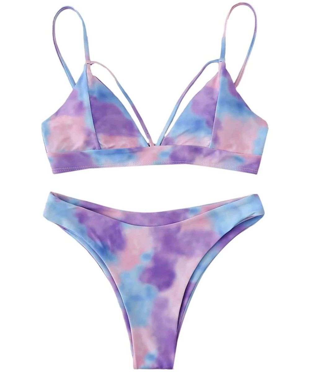 Sets Women's Tie Dye Triangle Bikini Set Tie Back Beach Swimsuit Bathing Suit - Light Purple - CF198466DG7