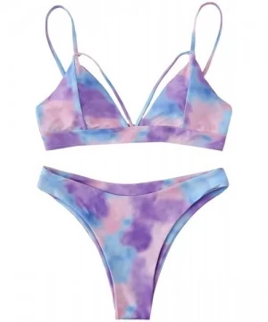 Sets Women's Tie Dye Triangle Bikini Set Tie Back Beach Swimsuit Bathing Suit - Light Purple - CF198466DG7