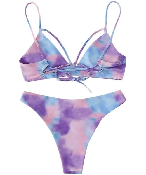 Sets Women's Tie Dye Triangle Bikini Set Tie Back Beach Swimsuit Bathing Suit - Light Purple - CF198466DG7