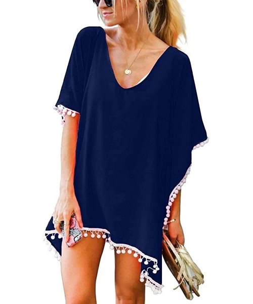 Cover-Ups Womens Swimsuit Beach Cover Up - Pom Pom Trim Kaftan Chiffon Tassel Bikini Swimwear Bathing Cover-Ups - Navy - CR18...