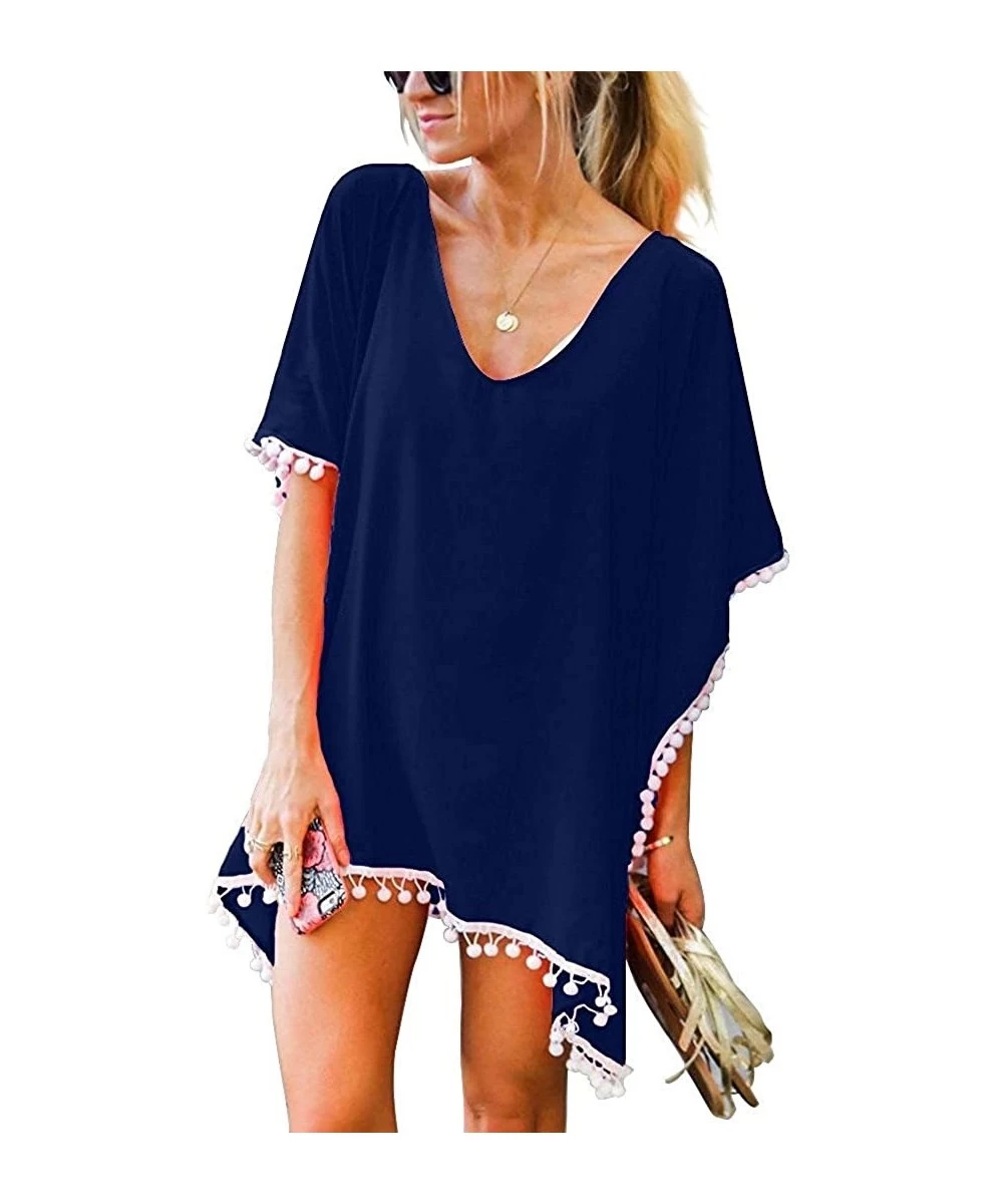 Cover-Ups Womens Swimsuit Beach Cover Up - Pom Pom Trim Kaftan Chiffon Tassel Bikini Swimwear Bathing Cover-Ups - Navy - CR18...