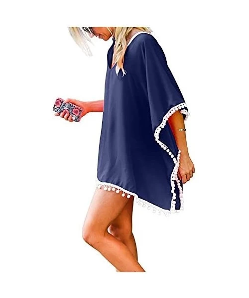 Cover-Ups Womens Swimsuit Beach Cover Up - Pom Pom Trim Kaftan Chiffon Tassel Bikini Swimwear Bathing Cover-Ups - Navy - CR18...