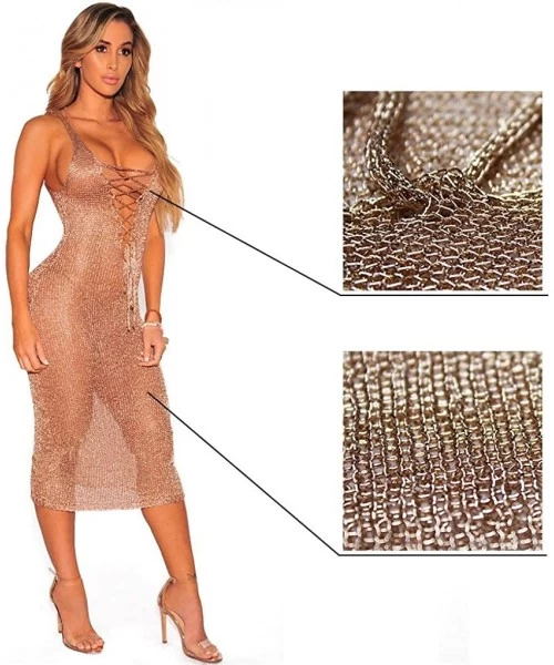 Cover-Ups Womens Bikini Cover Up Sexy Crochet Hollow Out Beach Swimsuit Fishnet Cover Up Bathing Swimwear Dress Rose Gold - C...