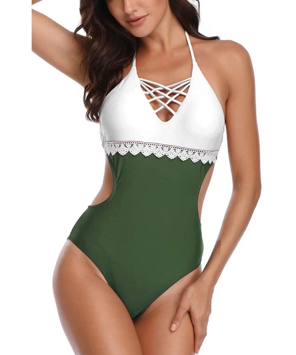 One-Pieces Women's Halter Criss Cross Color Block Open Back One Piece Swimsuits - Green - CA18NIHSS3R