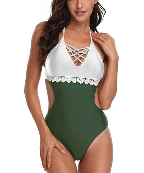 One-Pieces Women's Halter Criss Cross Color Block Open Back One Piece Swimsuits - Green - CA18NIHSS3R