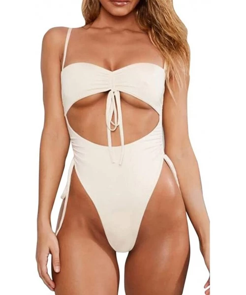 Sets Deep V Bikini-Women's Sexy Conjoined Swimsuit Motion Bandage Pure Color Integral Type Bikini - White - CG18OKNNU0R