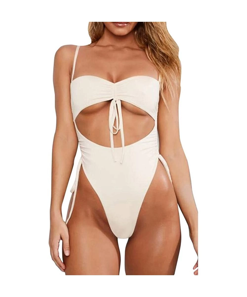 Sets Deep V Bikini-Women's Sexy Conjoined Swimsuit Motion Bandage Pure Color Integral Type Bikini - White - CG18OKNNU0R