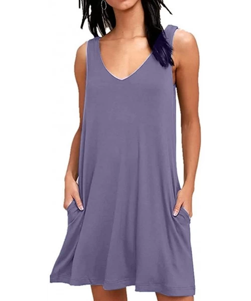 Cover-Ups Women's Summer Casual Swing T-Shirt Dresses Plain Beach Cover Up Tank Dress with Pockets - Purple Grey - C3196SMTXDN