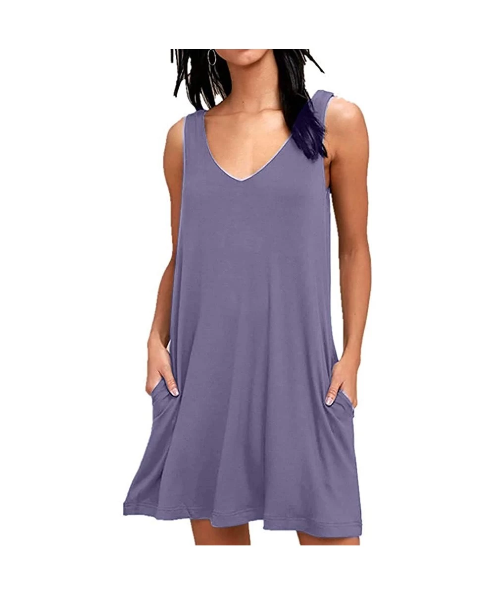 Cover-Ups Women's Summer Casual Swing T-Shirt Dresses Plain Beach Cover Up Tank Dress with Pockets - Purple Grey - C3196SMTXDN