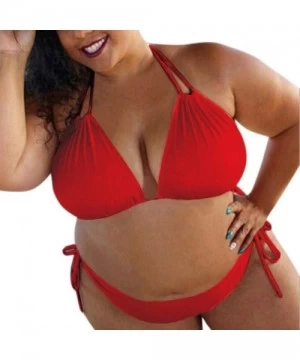 Sets Plus Size Solid Color Swimsuit for Women- Two Piece High Waist Strappy Lace Up V Neck Sexy Bikini Set - Red - CQ1965KOY9W