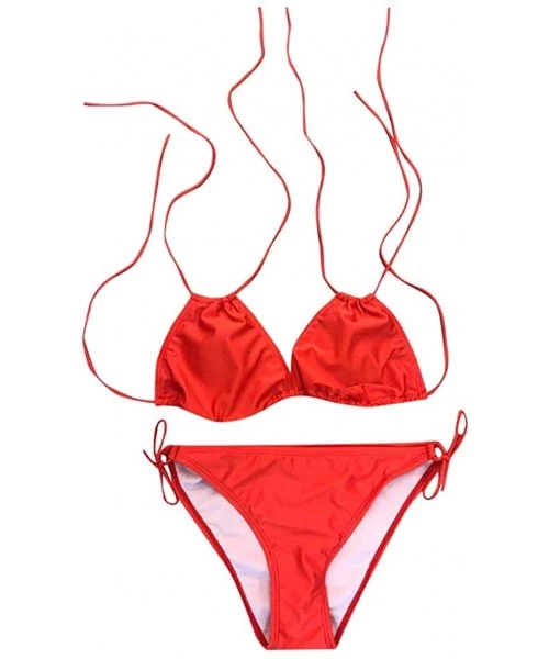 Sets Plus Size Solid Color Swimsuit for Women- Two Piece High Waist Strappy Lace Up V Neck Sexy Bikini Set - Red - CQ1965KOY9W