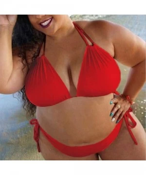 Sets Plus Size Solid Color Swimsuit for Women- Two Piece High Waist Strappy Lace Up V Neck Sexy Bikini Set - Red - CQ1965KOY9W