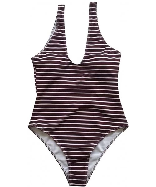 One-Pieces Womens Fashion Zip Front Swimsuit Striped Printed One Piece Swimwear Conservative Monokini - Brown - CV194OZNU9Q