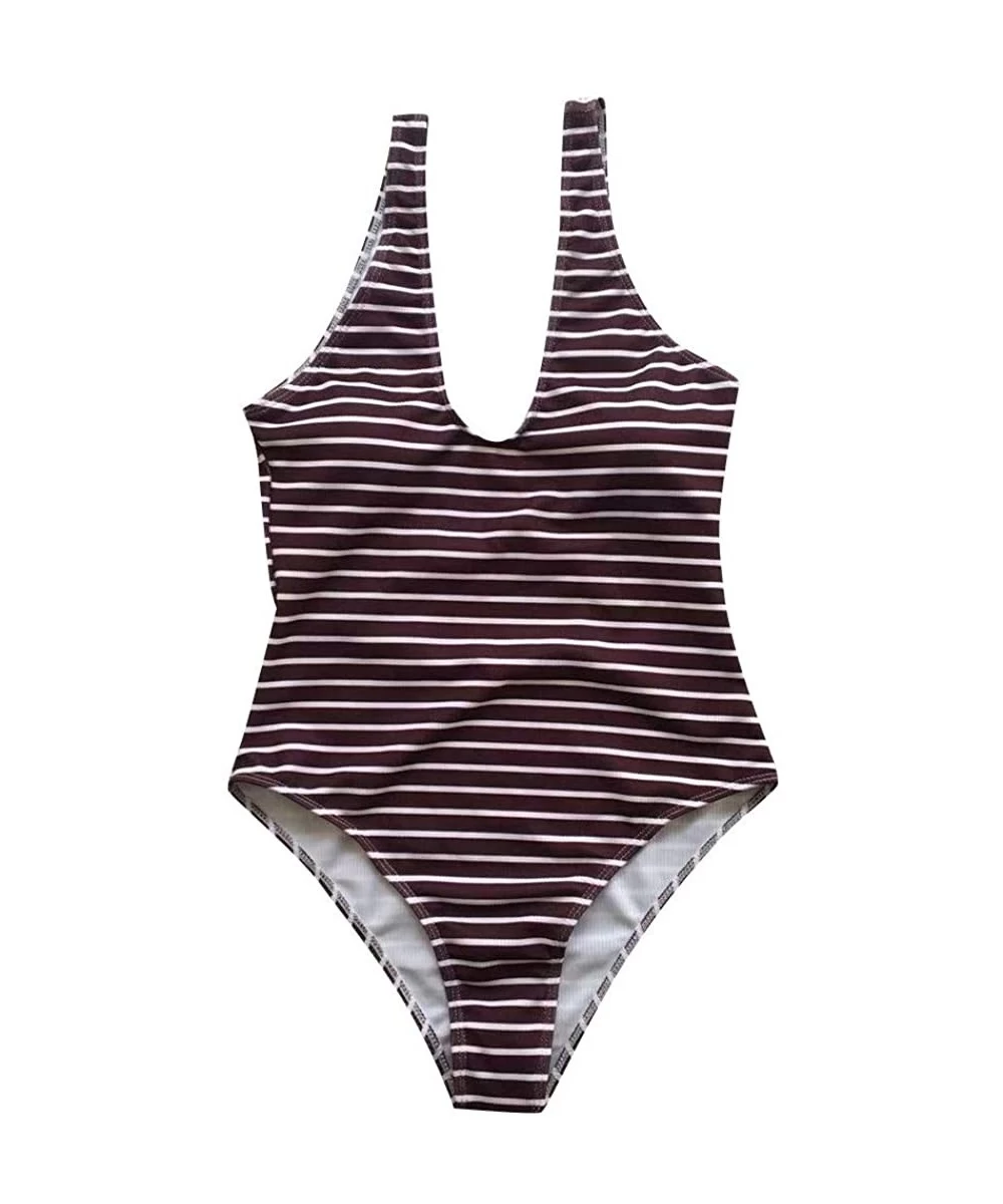 One-Pieces Womens Fashion Zip Front Swimsuit Striped Printed One Piece Swimwear Conservative Monokini - Brown - CV194OZNU9Q