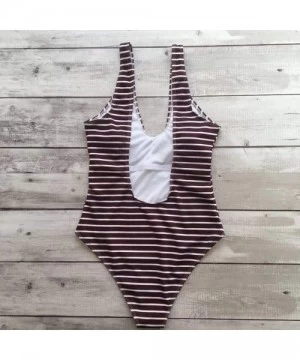 One-Pieces Womens Fashion Zip Front Swimsuit Striped Printed One Piece Swimwear Conservative Monokini - Brown - CV194OZNU9Q