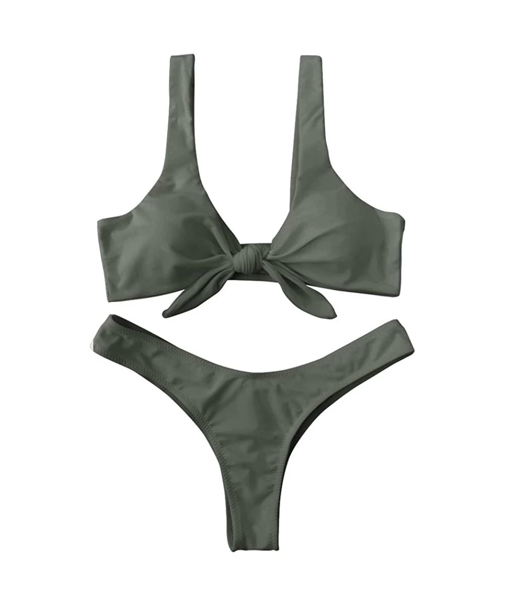 Sets Women Knotted Padded Thong Bikini Set 2 Pieces Swimsuit - Army Green - C718DRL72I7