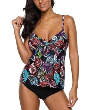 Tankinis Women's Printed Tankini Swimsuit Cross Back Two Piece Swimwear Set - Black - Paisley - CI18CIDS86X