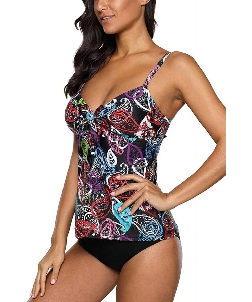 Tankinis Women's Printed Tankini Swimsuit Cross Back Two Piece Swimwear Set - Black - Paisley - CI18CIDS86X