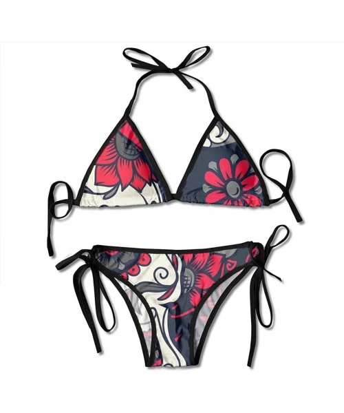 Sets Women's Two Piece Swimwear Triangle Halter Swimsuit Bikini Bathing Suit - Pink Sugar Skull Flowers - C218RGA5Q95