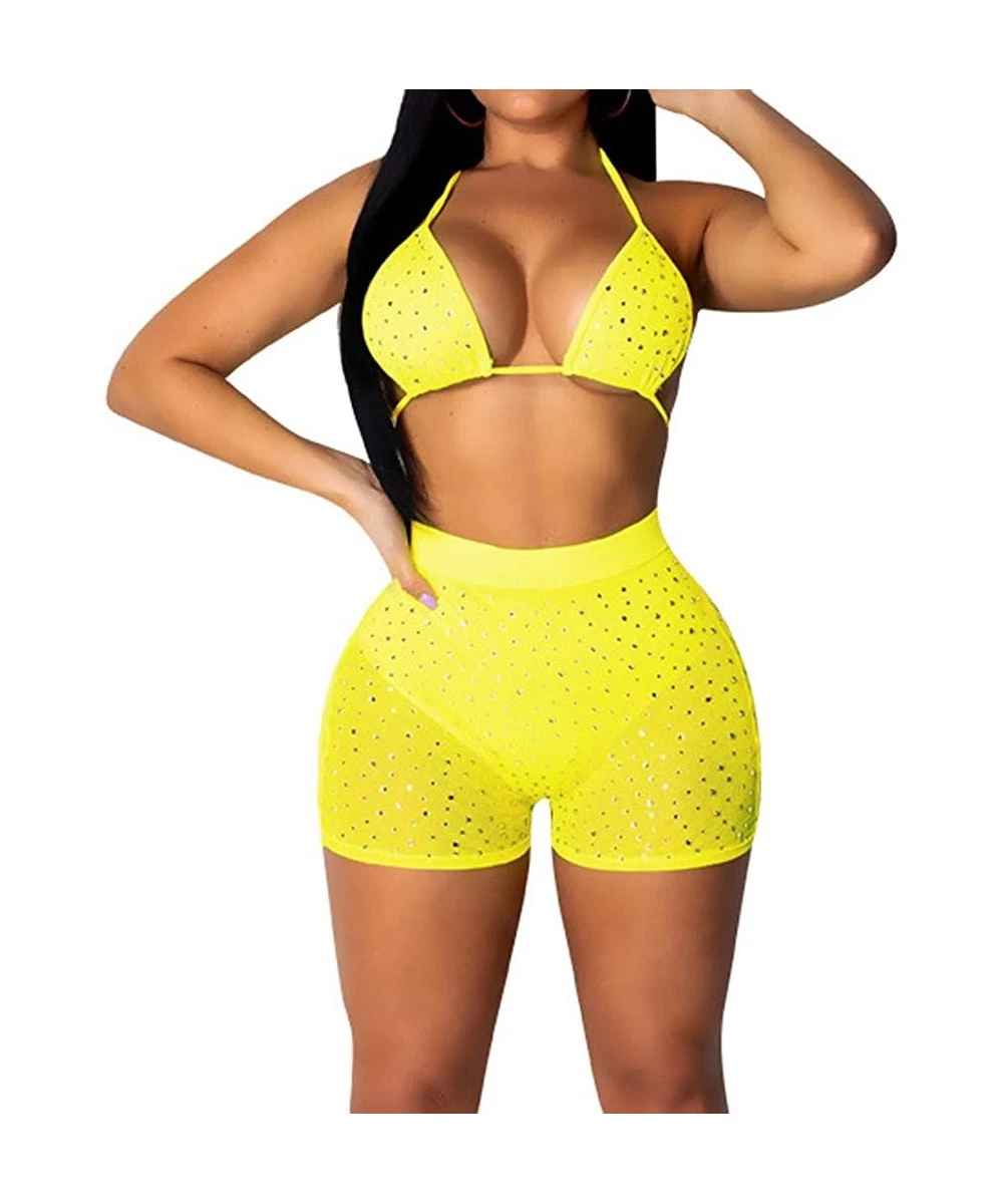 Sets Women Sexy Two Piece Swimsuit Lingerie Mesh Rhinestone Swimwear Clubwear Bikini Top and Shorts Set - Yellow - CJ18SSUEQGK