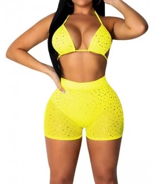 Sets Women Sexy Two Piece Swimsuit Lingerie Mesh Rhinestone Swimwear Clubwear Bikini Top and Shorts Set - Yellow - CJ18SSUEQGK