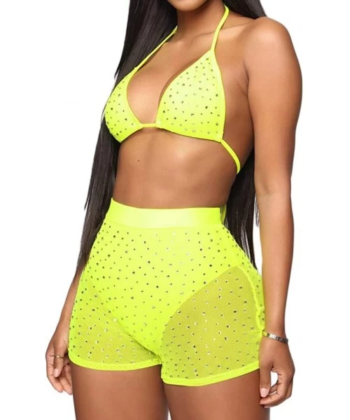 Sets Women Sexy Two Piece Swimsuit Lingerie Mesh Rhinestone Swimwear Clubwear Bikini Top and Shorts Set - Yellow - CJ18SSUEQGK