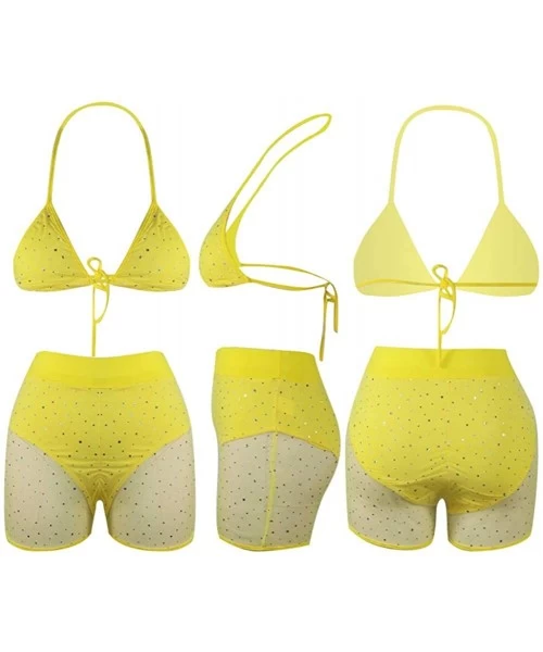 Sets Women Sexy Two Piece Swimsuit Lingerie Mesh Rhinestone Swimwear Clubwear Bikini Top and Shorts Set - Yellow - CJ18SSUEQGK