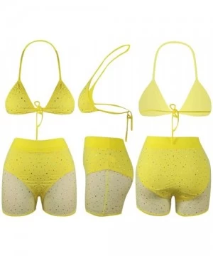 Sets Women Sexy Two Piece Swimsuit Lingerie Mesh Rhinestone Swimwear Clubwear Bikini Top and Shorts Set - Yellow - CJ18SSUEQGK