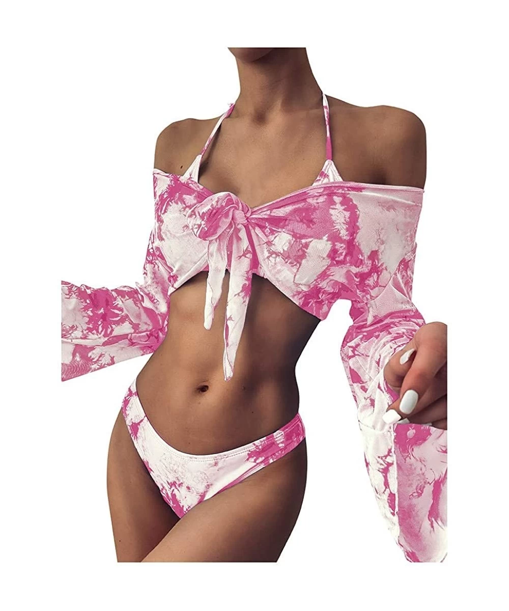 Sets Women's 3 Pieces Tie-Dye Print Knot Front Crop Off-Shoulder High Cut Bandeau Bikini Bathing Suit + Long Sleeve Cove-Up -...