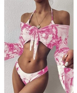 Sets Women's 3 Pieces Tie-Dye Print Knot Front Crop Off-Shoulder High Cut Bandeau Bikini Bathing Suit + Long Sleeve Cove-Up -...