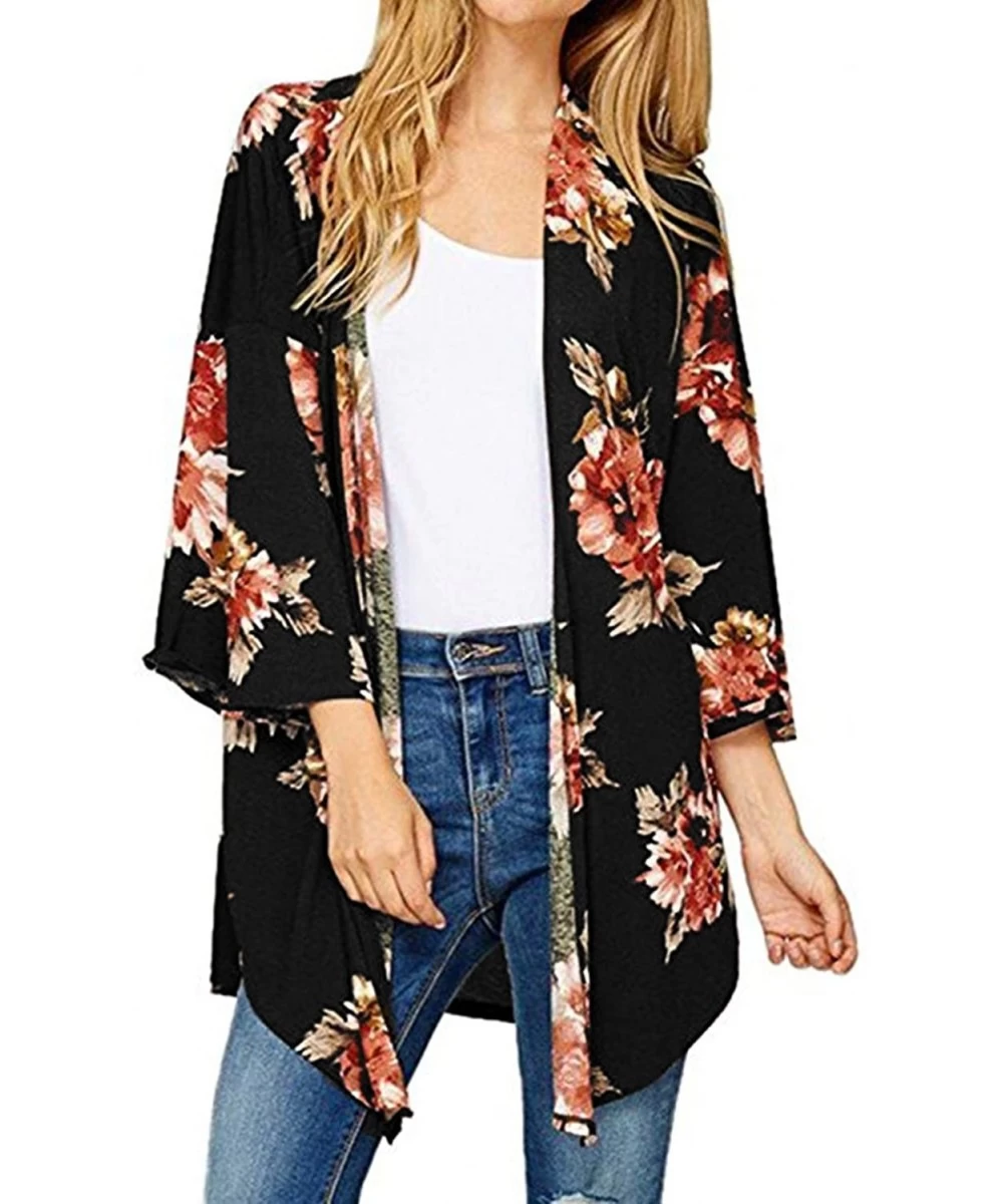 Cover-Ups Women's Floral Kimono Lace Long Sleeve Casual Crochet Cardigan Wrap Chiffon Outwear Cover Up Tops - V-black - C718G...