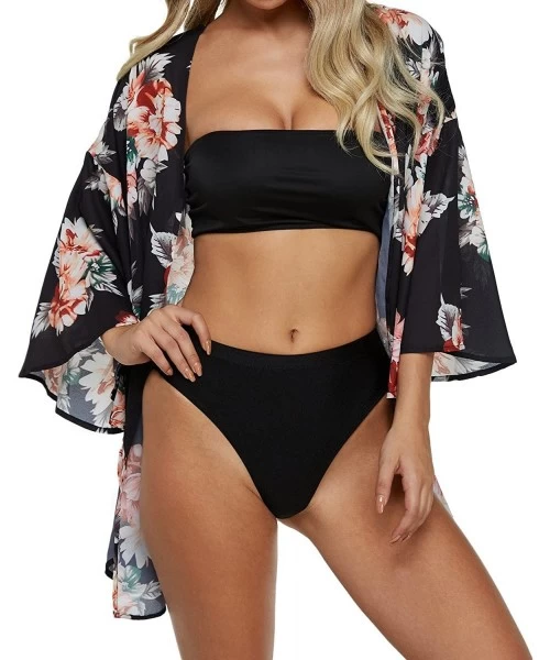 Cover-Ups Women's Floral Kimono Lace Long Sleeve Casual Crochet Cardigan Wrap Chiffon Outwear Cover Up Tops - V-black - C718G...